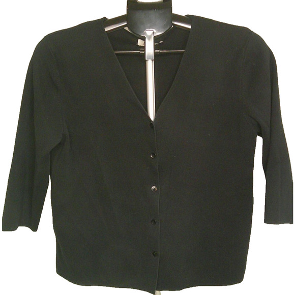 Hampshire Studio Button-down Black V-neck Cardigan Women's PL 3/4 Sleeve - Picture 2 of 4